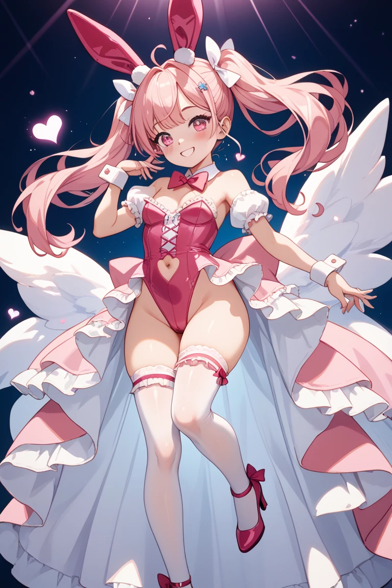 ultima Madoka: 1girl, short_hair, twintails, hair_ribbon, pink_hair, pink_eyes, short_twintails, full body,standing, smile, angel wings, big breast, tall female,pink eyes, full body