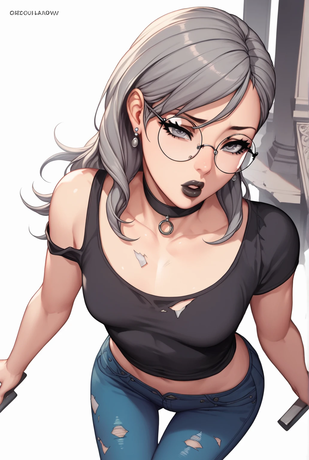 score_9, score_8_up, score_7_up, score_6_up, score_5_up, score_4_up,
BREAK
1girl, gray hair, HIM CUT HAIR, straight hair, Long Hair, GREY EYES , Thick Lips, small, long eyelashes, Half Closed Eyes, black rimmed glasses, Round Eyewear, black choker, BRANT BANG, Adult, Black Eye Liner, ear piercing, Black Lips, GREY EYES hadow, rimless,
breaks
Solo, standing, small breast, Adult, skinny, from above, arch back, thigh gap, black top, blue jeans,
BREAK
(white background:1.2), simple background, Dynamic Poses, Dynamic Angle, Angle Shot,