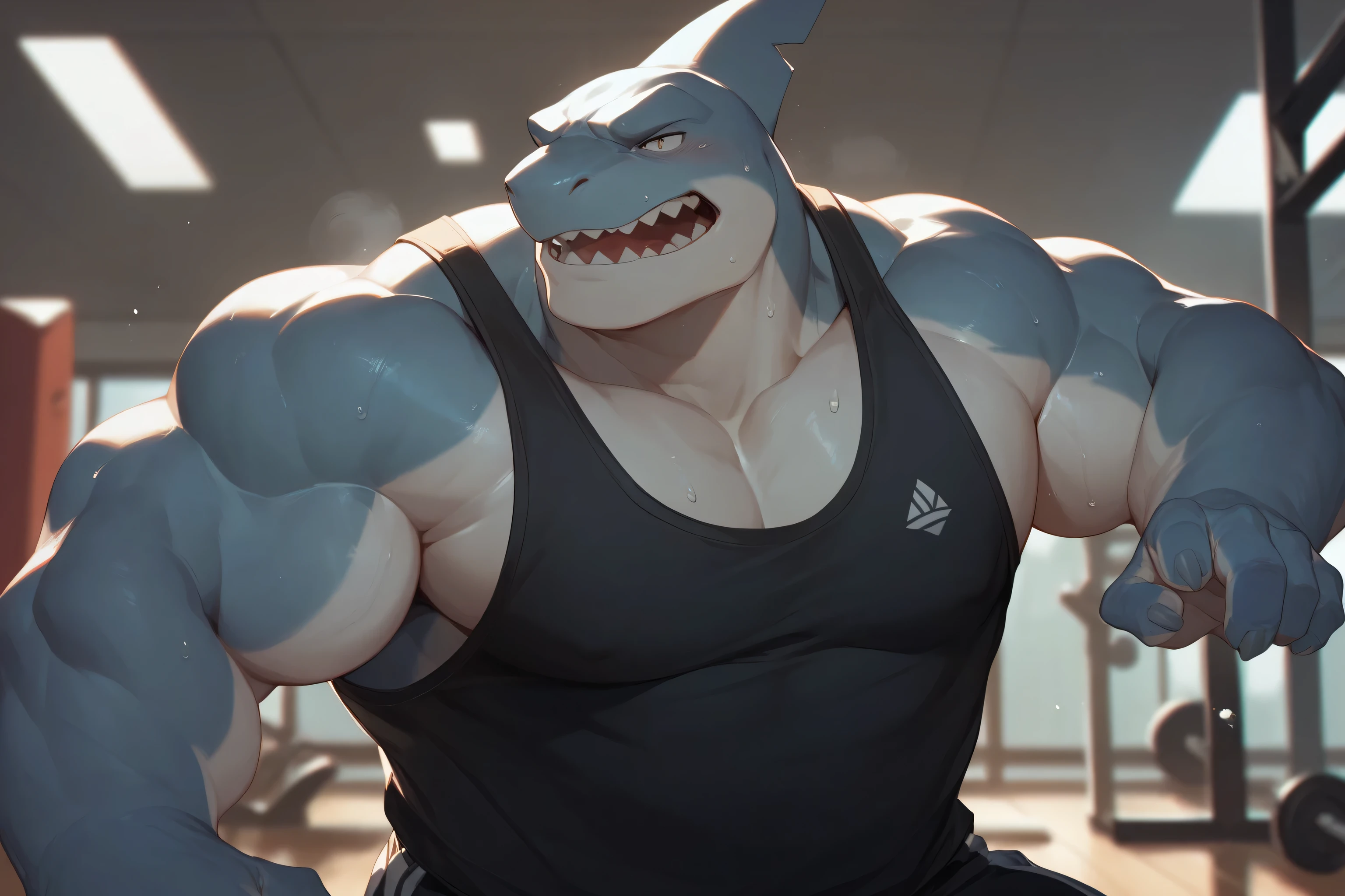 by braeburned,digital painting,extreme detail,by dangpa,by takemoto arashi,by honovy,by blotch,by mindkog, BREAK (dragaux) is excercising in his local gym. he is wearing a wrestling singlet, dumbbell|holding object, bicep curl, open mouth, muscular, sweaty, massive bulge