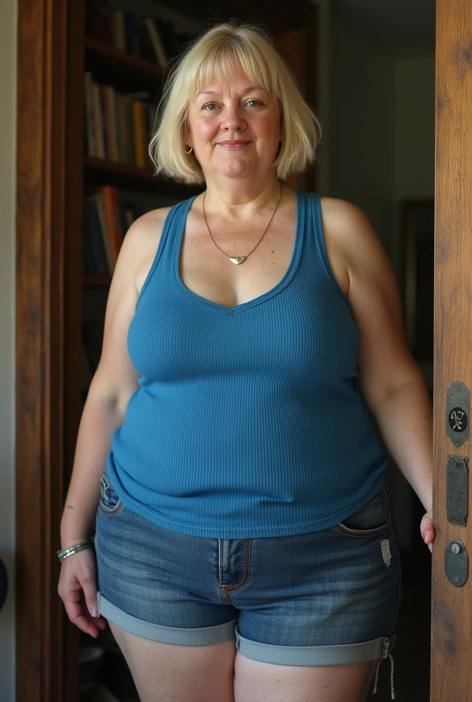 fat woman, 60 years old (((sitting near a window, split legs, showing her panties))), wide hips, beautiful, ((very short white striped summer dress)), no abdominal muscles, serious expression, giant breasts, (((cloudy sky, no sun))), grin, Fujifilm, cinematic lighting, award winning, masterpiece, 8k