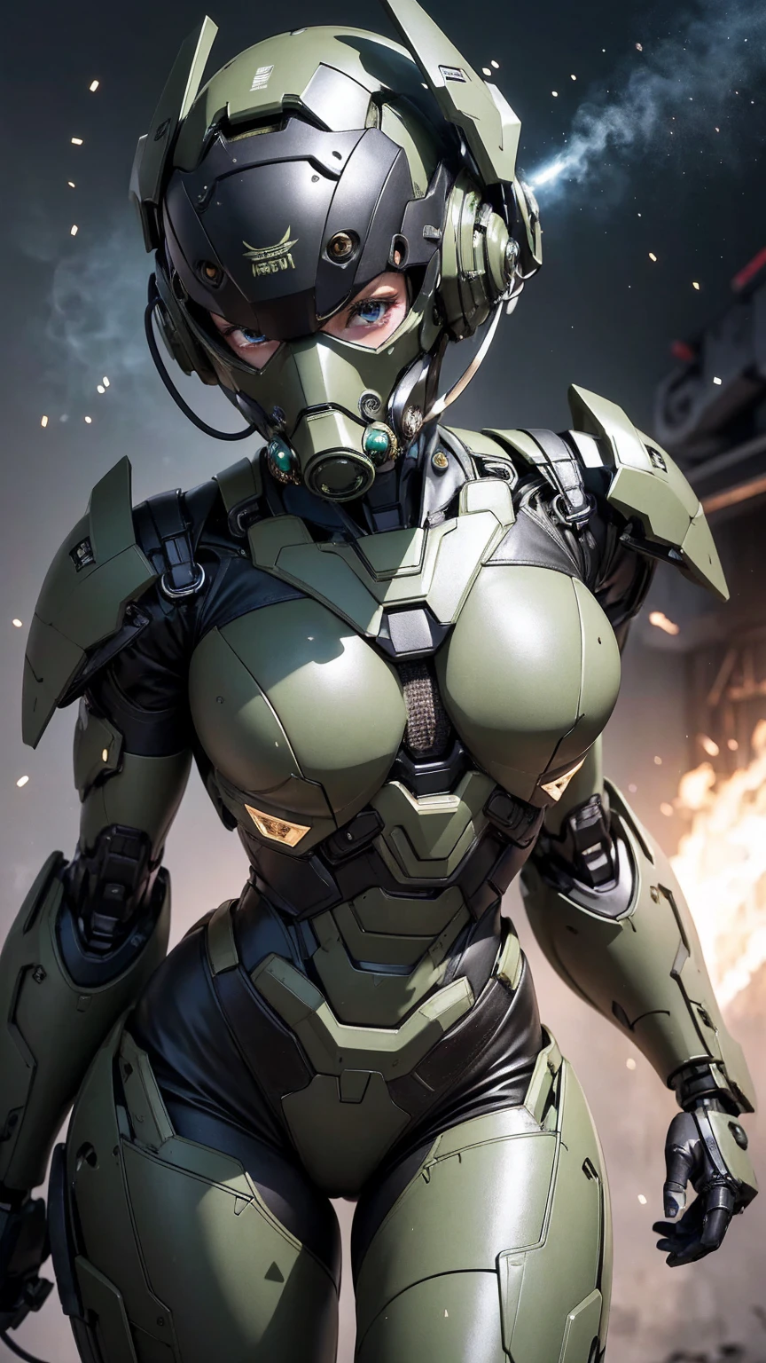 最high quality非常に詳細, Advanced Details, high quality, 最high quality, High resolution, 1080P, hard disk, beautiful,(War Machine),(Snug-fitting headgear),See the big picture,beautifulサイボーグ女性,Dark Green Mecha Cyborg Girl,BATTLE MODE,Mecha Body Girl　8k dark green body armor　Elementary school girl　Sweaty face　Droopy eyes　short hair　Gas mask with extension nozzle　boyish　Steam coming out of my head　My hair is wet with sweat　Black Hair, Steam coming out of the mouth　Do not expose skin　Character Focus　Only the eyes are exposed