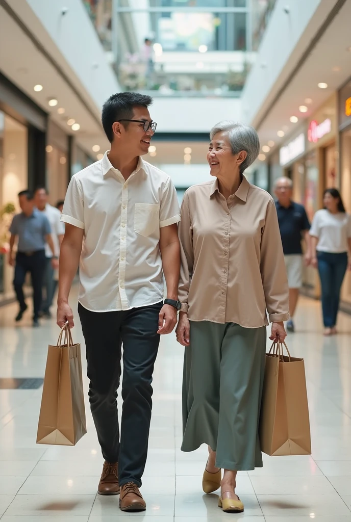 Capture the heartwarming moment of a dedicated delivery man kindly assisting an older adult with their shopping bags, creating a sense of companionship and gratitude.