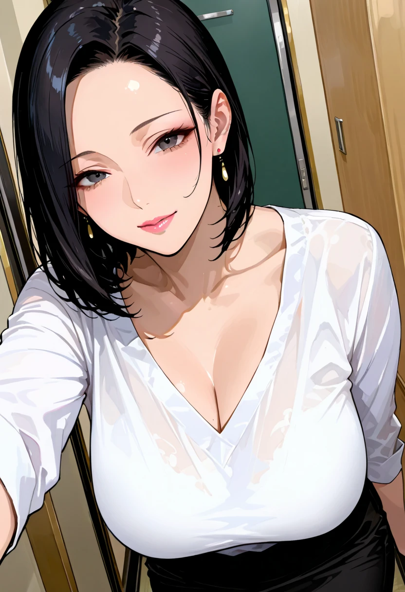 Sexy and cute woman, woman in love, black hair braided, very seductive and soft eyes, blushing hard, pink lips parted, seductive smile, long neck, collarbone, medium chest, cleavage, off shoulder t shirt, no straps, bare shoulders