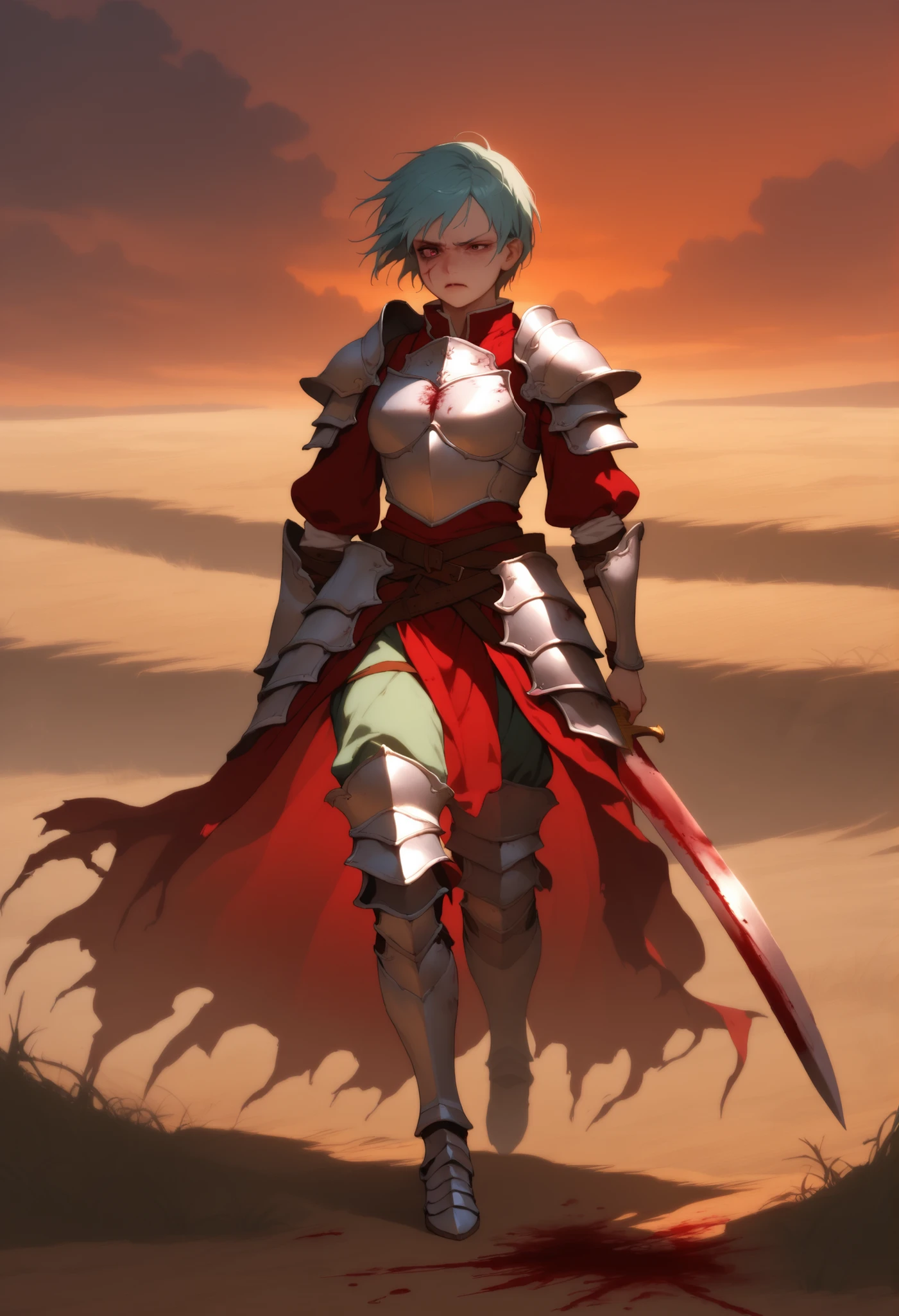 A young woman with short, tomboyish hair and a bloody sword watches the battlefield with a grim expression. Her light silver armor leaves much of her skin exposed, the armor is decaying and bloodied. A scar above her eye and a sadistic expression. Her pale ruby eyes are angry, while her fair skin is stained with blood, delicate face, Full body image