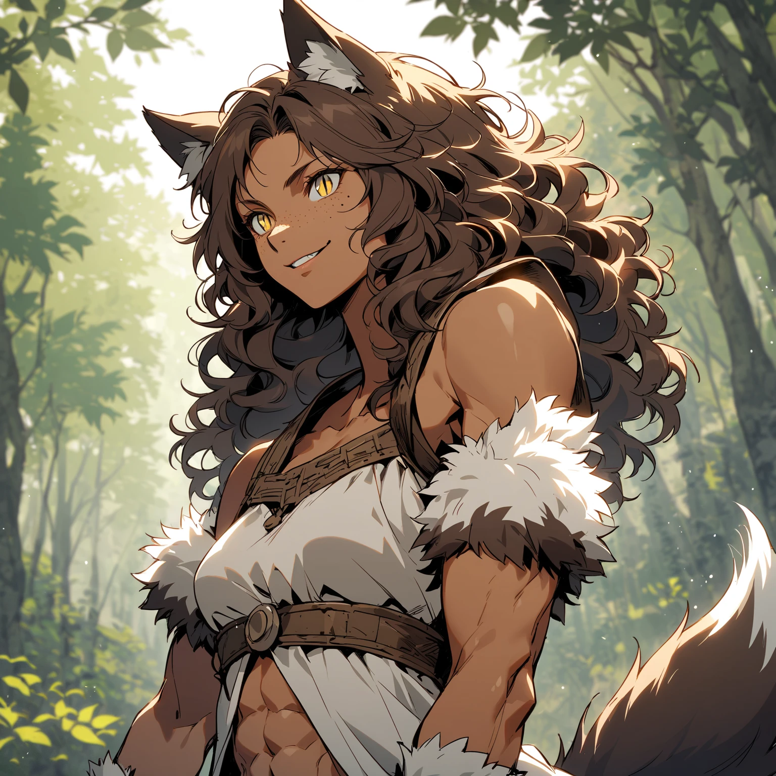 solo, female, sfw, medium shot, Chestnut brown hair, shoulder-length hair, wavy hair, silky hair, Amber eyes, slit pupils, Smooth skin, creamy complexion with a golden undertone, Athletic, toned, broad shoulders, slender waistline, strong, lean, agile, Freckles Scattered across her cheeks and shoulders, Visible veins and muscle fibers, thick fur, velvety fur, dark brown and white fur, brown wolf tail, fur on arms, forest, gentle smile, abs, paw hands