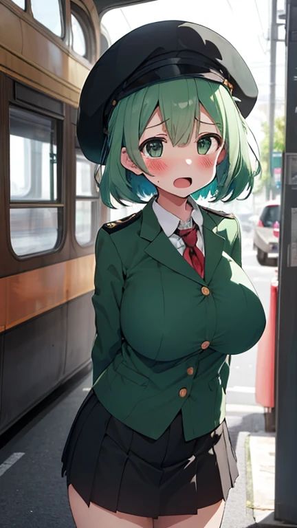 One Woman、Braided twin tails、Huge breasts、(Huge breasts:1.8)、Glasses、blue eyes、Green Hair、My hair is messy, Black gloves, White socks, Police uniform, Black Skirt, Short sleeve, Cowboy Shot, salute, Put your hands on your hips,smile,close your eyes, Tears in the eyes、Open your mouth, What saliva leaves behind, Wet skirt hem, Sticky panties, Bulging of the vibrator cord, Vibrator with Garters, Subway car interior background, In a crowded crowd,