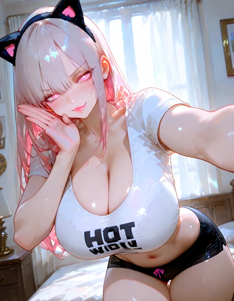(nsfw:1.2), (((HHH))), a precious special eroticism porn scene, Express all her emphasized feelings through her facial expressions and posing, 
full color, ultra masterpiece, ultra high quality, photorealistic:1.3, ultra high resolution, described in ultra fine detail down to the minutiae, sharp, clearly, textured, depth of field, professional composition and lighting, (close-up shot), 
sexy, sensual, erotic, eros, horny, sexually aroused, craving:1.1, (panting), messy, loose, sticky slimy, (raw), shiny, glaring, rich, pink, sexual ecstasy paradise, a flashy eroticism porn party, 
top grade flashy:1.1 virgin killer courtesan, (looking up and (enraptured:1.1 rapt:1.1 (half-open)) bedroom eyes to downward camera view)), 
wearing wrinkled ((fine bright color (shiny super reflective (polished:1.5) metallic polyester) perverted bunny girl costume)), (puffy nipples under the lingerie), (breasts spilling over the bra due to being tight), skindentation, Wedgie, 
beautiful sexy face, detailed mouth:1.1, detailed too shiny lips:1.1, large firm breasts, oily wet translucent skin, messy loose (updo) hair, gold simple necklace earrings,
((blush)), (((sweat))), a little particle sweat drops, (((steam))), ((sigh)), ((((drooling)))), (((((ecstasy))))), ((((orgasm)))), (((ahegao))), ((((cum on body)))), 
ecstatic attentive escort service, energetically, ((blissful:1.5 ecstatic expression:1.1)), oral vagina, Drooling slimy tongue, She took a libido booster and her sexual energy has increased, Give me her special H service that captivates boys, handjob gesture,