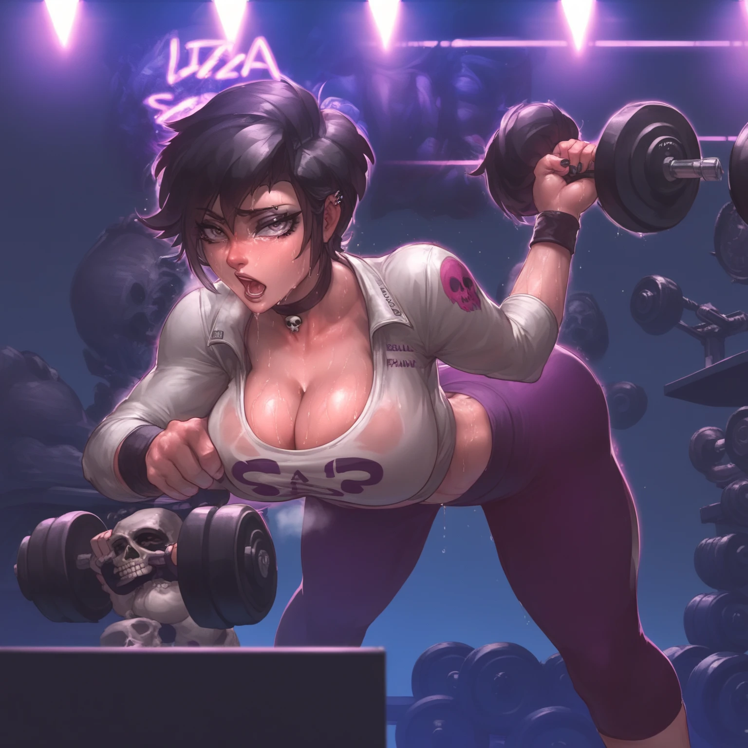 Sexy girl, lean, thick thighs, biceps, ripped abs, purple sleeves, big breasts, wearing black trousers, blushing , gold belt, huge hips, sexy body, lots of freckles, tan, sexy face, glitter in hair, hot face , beautiful face, perfect eyes, wearing black straps on pants, sweaty abs, sexy figure, adult, sexy, huge hips , wearing neckless bright atmosphere, short girl, standing ,sexy body , wearing many neckless, holding hip, wide body, holding hips, long hair, perfect arms, brown eyes, looking left, very sweaty, sweating, focused eyes, smiling, smoke everywhere, happy , sexy, in city, abs bursting out, hand on hip, tanned, 6 pack abs, punching, punching fist , 1 girl, biceps, brown eyes, wearing jacket, cool hair style