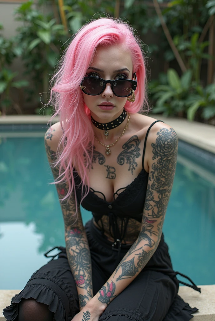 recreates the woman from the photo with green, blue and pink hair and tattoos on a public bench with a park in the background 