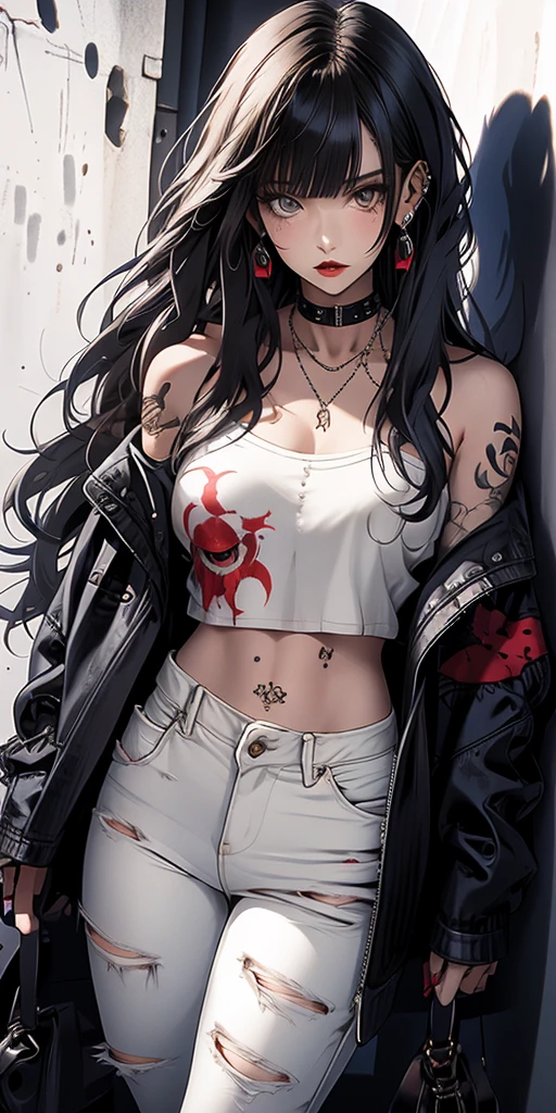 masterpiece, Score_9, Score_8_up, Score_7_up, front view, 1 woman, alone, black hair with red, long hair, parted bangs, dark red eyes, half-closed eyes, parted lips, expressionless, pale skin, large breasts, body suit, black bottom, best quality, horns up, long open bangs, black sleeveless shirt, black V-neck, red baggy pants, high heels, jibaku shounen Hanako kun,etailed face, detailed eyes, detailed hands,elf woman, detailed HANDS