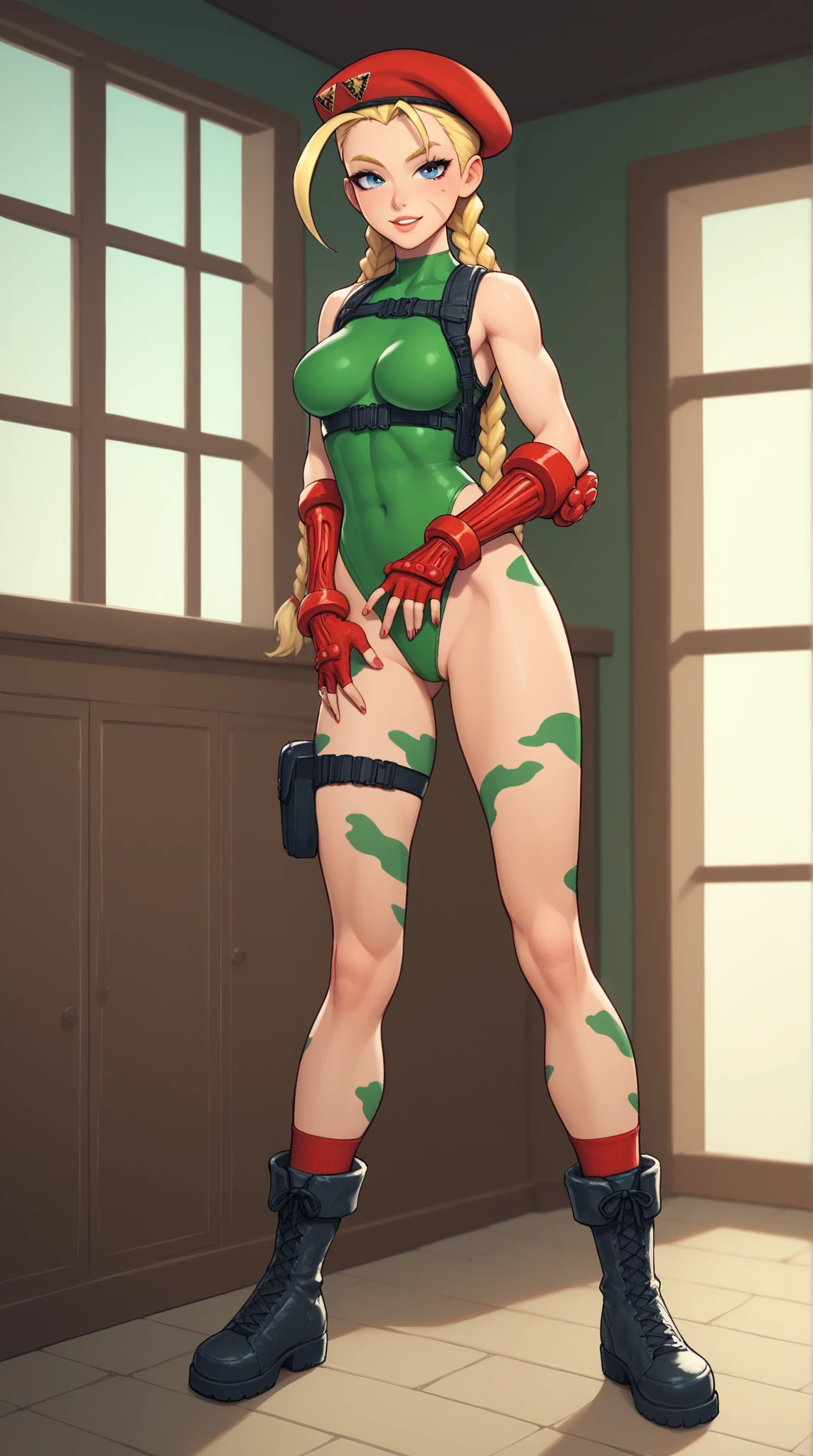 Cammy, BLUE EYES, BLONDE HAIR, VERY LONG HAIR, (TWIN BRAIDS), rED HEADWEAR, (GREEN LEOTARD:1.2), FINGERLESS GLOVES, HARNESS, THIGHS, RED SOCKS, BLACK FOOTWEAR, medium breast, (full-body:1.2), (realistic:1.2), (realism:1.2), (masterpiece:1.2), (best quality), (ultra detailed), (intricate), (85mm), light particles, lighting, (highly detailed:1.2), (detailed face:1.5), (gradients), sfw, colorful, (detailed eyes:1.5), (detailed background), (rule of third_composition:1.3), wide shot, daylight, solo.