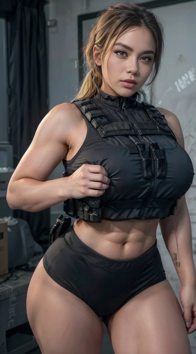 (Highest image quality, Outstanding details, Ultra-high resolution), 1 girl, put((A futuristic military look inspired by white yoga pants, Military wiring harness, Military Equipment，For example, military bag)), (Glamorous characters, Curvy body, Fitness, Tight abs), background(At military bases), (Dynamic poses)
