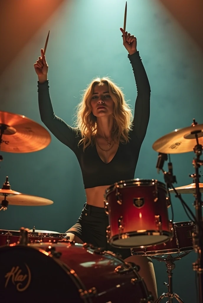 Bird's eye view, A beautiful woman, wearing a short silver rubber dress with orange accents, zipper is fully opened, put on a headset, blonde hair, with a face full of expression, a little loud shout!! , and his eyes were closed, enthusiastically hitting the drums surrounded by various drums and cymbals with two drum sticks, so there is a dust splash effect with each blow and a vibration effect. big concert screen background, and lighting, hyper realistic, detail 