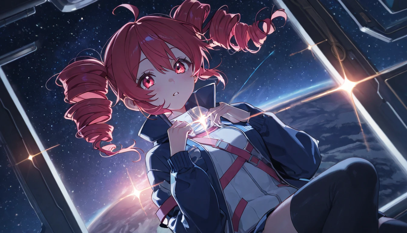 girl in space, sleep, red hair and blue,
