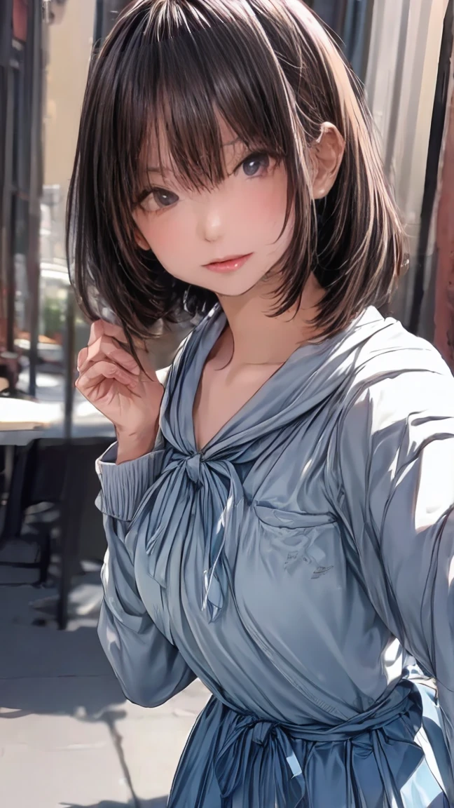 One girl, alone, masterpiece, Highest_quality, photo shoot, looking at the camera, young adult gardevoir, Tired look, Pokemon, Pokemon (game), game freak, Nintendo, (Porcelain-like skin), blue eyes, (Black Hair), (Messy hair in a ponytail), Black cardigan, Loose fitting T-shirt, Black sweatpants, gen 3 Pokemon, Pokemon (Living things), White skin, Concrete Background, Tilt 