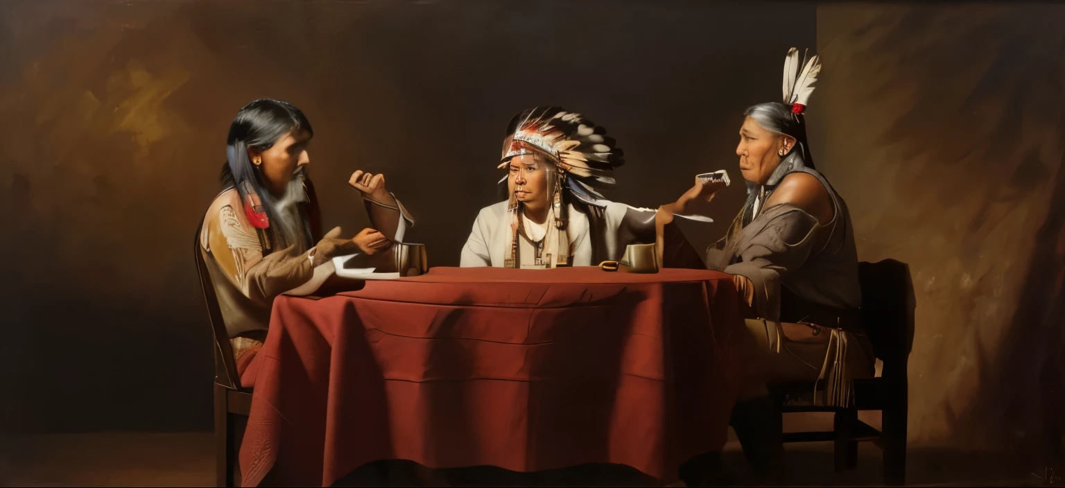 three Native Americans, three Indians at a table, Indians, Dark background, realism, realistic