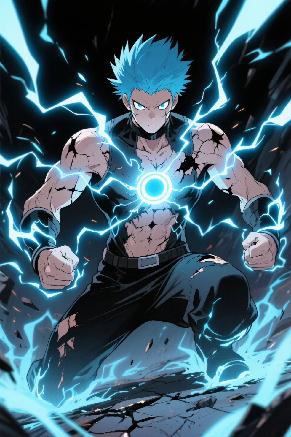 "Living sculpture, perfectly shaped body, multicolored hair, just like Yugi's from Yu-Gi-Oh! Broken chains adorn neck and wrists, in a great magical and adventurous hall, creating a magic circle, with cyan and purple colors in a degrade."