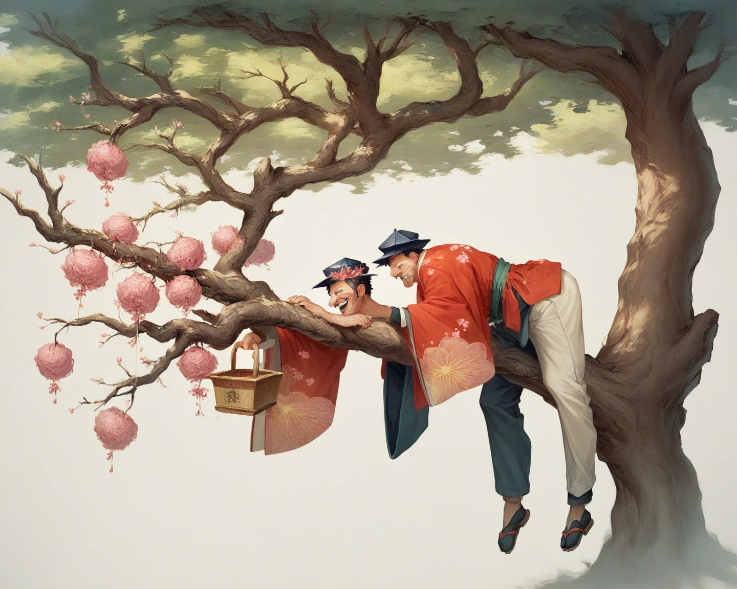 An old man (smiling) wearing a Japanese-style eboshi hat and a simple kimono, with sarouel pants in a simple pattern on the lower half of his body, ((standing low on a thick tree branch with his center of gravity leaning forward as if bending over)), holding a basket of ashes in one hand, ((with a big smile on his face, he is vigorously scattering ashes with the other hand)), a tree with hydrangeas in full bloom, Japanese classical painting style, folding screen painting, dreamy scroll atmosphere
8K, Chinese painting style like classical JapaneseArt, masterpiece, old paper texture
