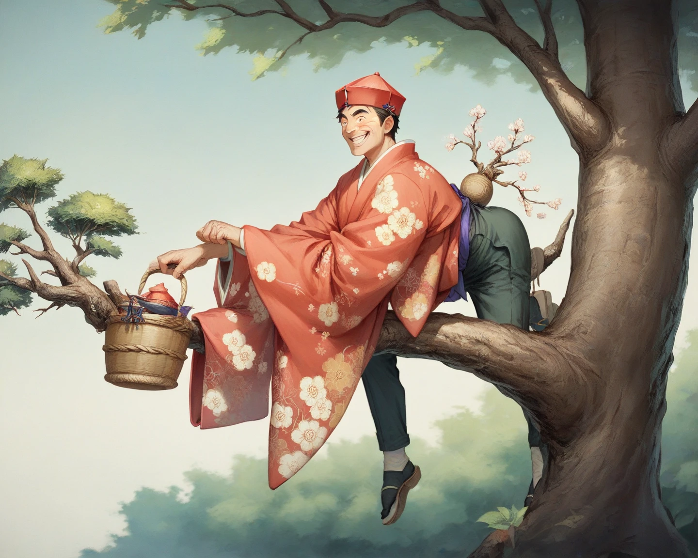 An old man (smiling) wearing a Japanese-style eboshi hat and a simple kimono, with sarouel pants in a simple pattern on the lower half of his body, ((standing low on a thick tree branch with his center of gravity leaning forward as if bending over)), holding a basket of ashes in one hand, ((with a big smile on his face, he is vigorously scattering ashes with the other hand)), a tree with hydrangeas in full bloom, Japanese classical painting style, folding screen painting, dreamy scroll atmosphere
8K, Chinese painting style like classical JapaneseArt, masterpiece, old paper texture