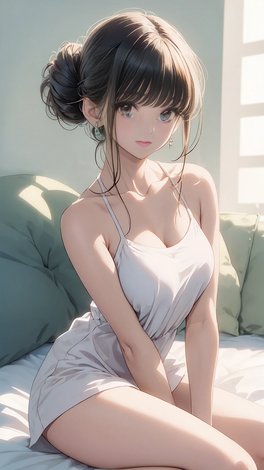 Best Quality,High resolution,8k,finelity detailed background,Masterpiece:1.2),beautiful girl,Shiny brown hair,asymmetrical hair,Brown eyes,Gentle look,A refreshing look,smile,Best quality,Best Quality,Aesthetic and aesthetic:1.2,Best details((Super detailed))(High-definition CG illustrations),(fluffy towel dress),bath towel,Slender body,night,moon,Bedroom,On the bed,smile,blush,cute,Scrounge,Looking up,Being spoiled,super model,wariza,shoot from,above