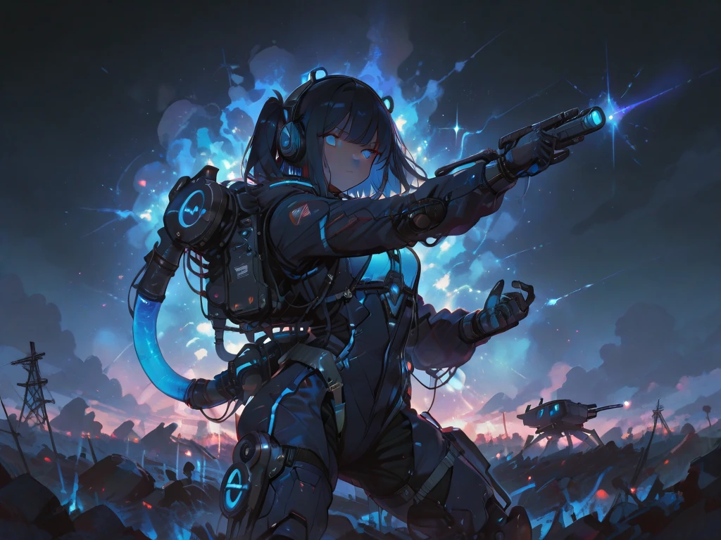 Female cyborg wearing headphones、A little broken、1 female、Big Breasts、sexy、Moonlight、Unbuttoned、Downlight、full moon、In the rubble、In the ruined city、Butt、Beautiful buttocks、Plump、Sideboob、Half naked、Eyes glowing red、Flying through the sky using jets on his back and legs