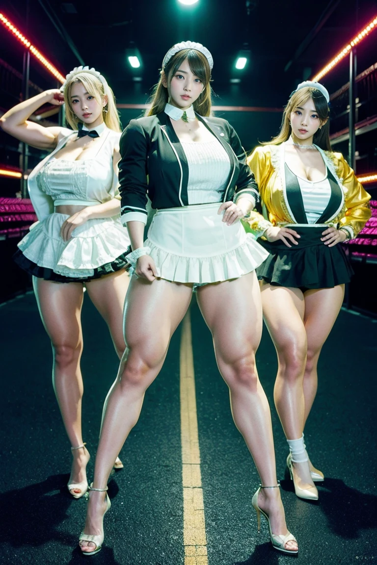 Ultra-high resolution, Realistic, Very detailed, Golden Ratio, Highest quality, Four people are standing full-body shot, (promotional photoshoot), (Are standing), Four people stand on the rooftop in high heels, (Four Beautiful female with Exemplary Figures), Beautiful Face, (Realisticな face), (biondeのショートカット:1.3), Korean bionde, bionde, long straight ponytail hair, hair band, Glare, Frowning, Drooling, Long Tongue, Verbal invitation, compensate, Frowning, Frowning, Surrealism, First Person View, First Person View, Wide-angle, Ultra-high resolution, Anatomically correct, Super detailed, 16K, (Four beautiful female standing side by side) (wide thighs), (Very long legs),(body builder girl), (wide muscles), ((sexy abdominal muscles)), (huge breasts),(very voluptuous body),(short grey skirt),(strapless jacket)
