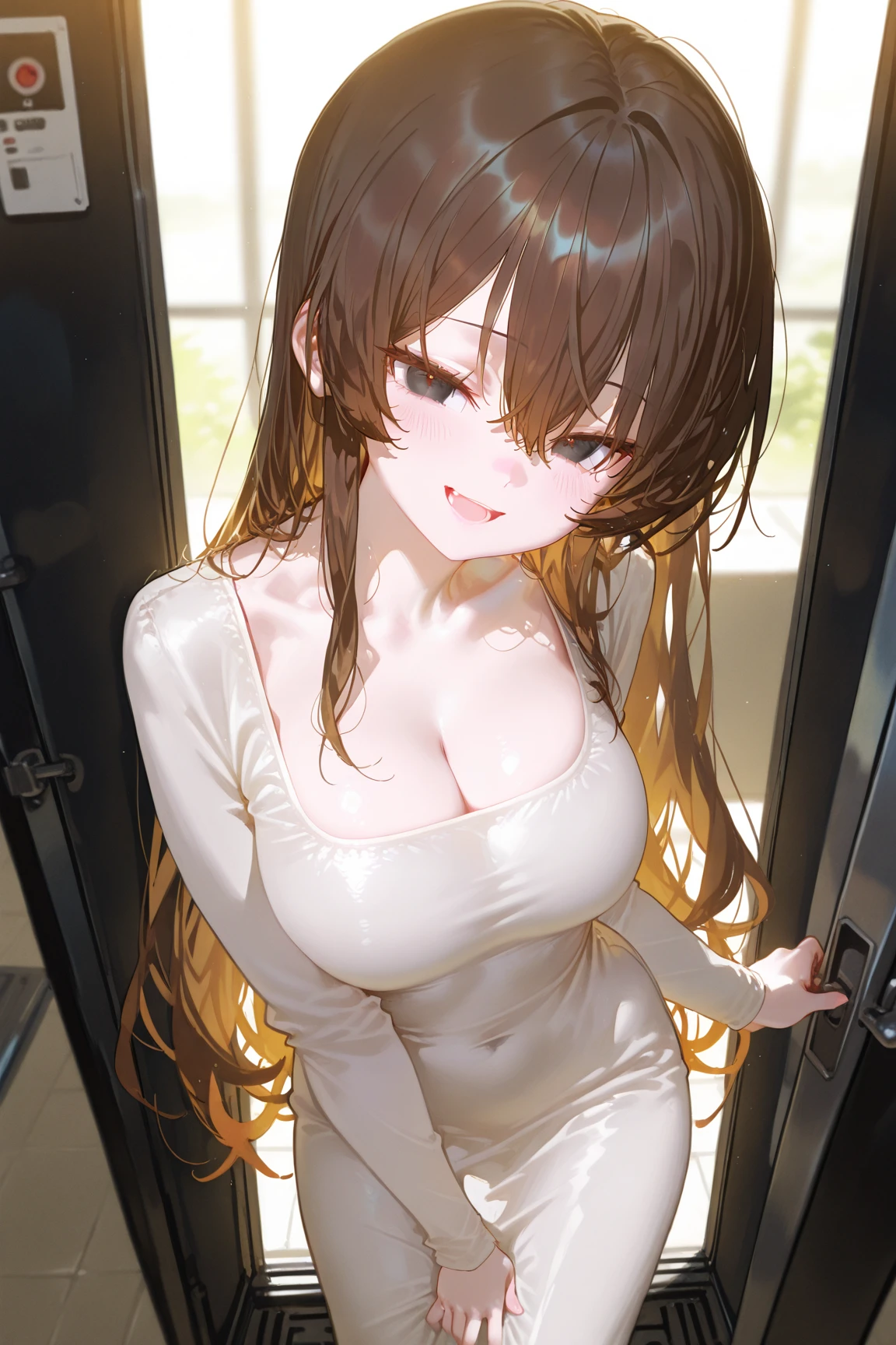 NSFW、tall、Toned body、slim body、((masterpiece))、((Highest quality))、((detailed)、((Adult female))、(((Light brown skin)))、((Shoulder-length wavy hair))、amount、(Light brown hair)、((Slanted Eyes))、Large Breasts、photograph、美しくdetailedな顔、detailedな目、Bright smile、Outdoor、(Sleeveless white dresicro Mini)