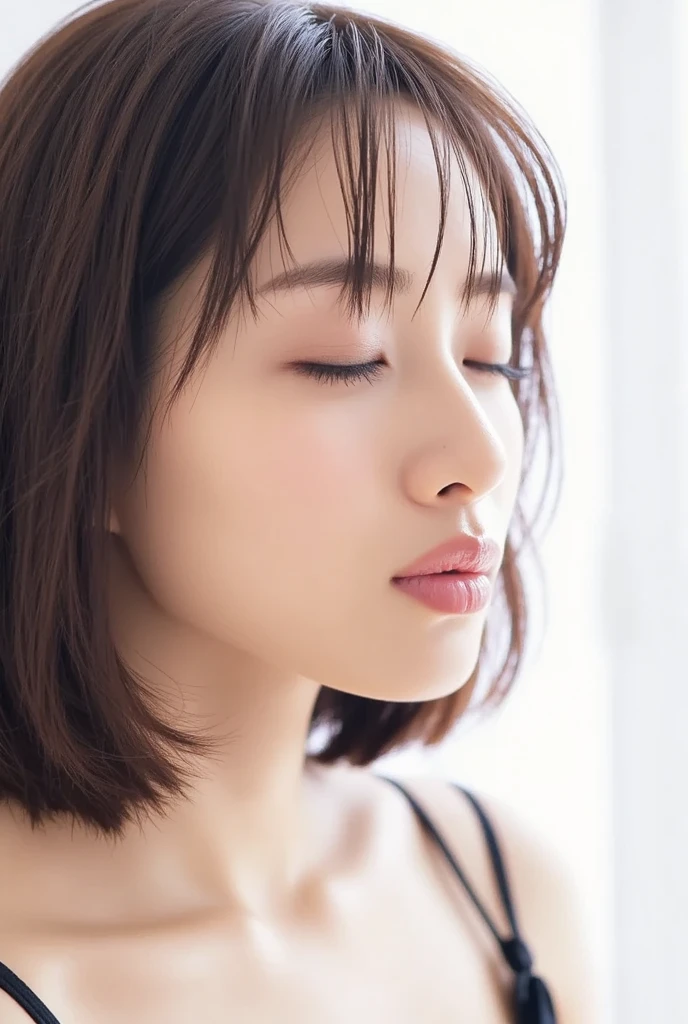 masterpiece, Best image quality, high quality,(Super detailed), (wallpaper), (Details face),Photo from the waist up、Close your eyes and look upwards、tilt your head back、Open your mouth、Upper Body、Hands and arms、indoor、Short Hair、Brown Hair、flat chest、 neat woman, natural beauty、 light makeup 、Sexy Woman, pain, Soft lips, Broke up, blush heavily, smile, White T-shirt, Small breasts, Perfect body