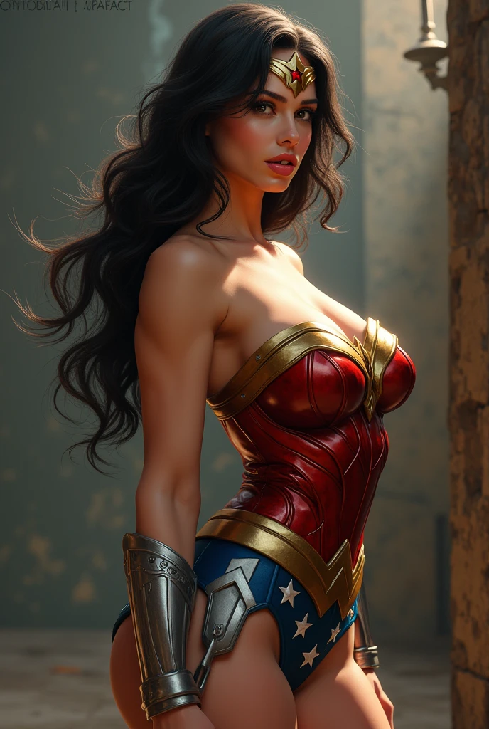 Wonder woman from dc, ultra realistic, 8k hdr, pure white skin, blush, long brown hair, perfect face, perfect shape body, large breasts, very very small size hipline, nsfw, seductive, posing to viewer, 3d, in a closed room