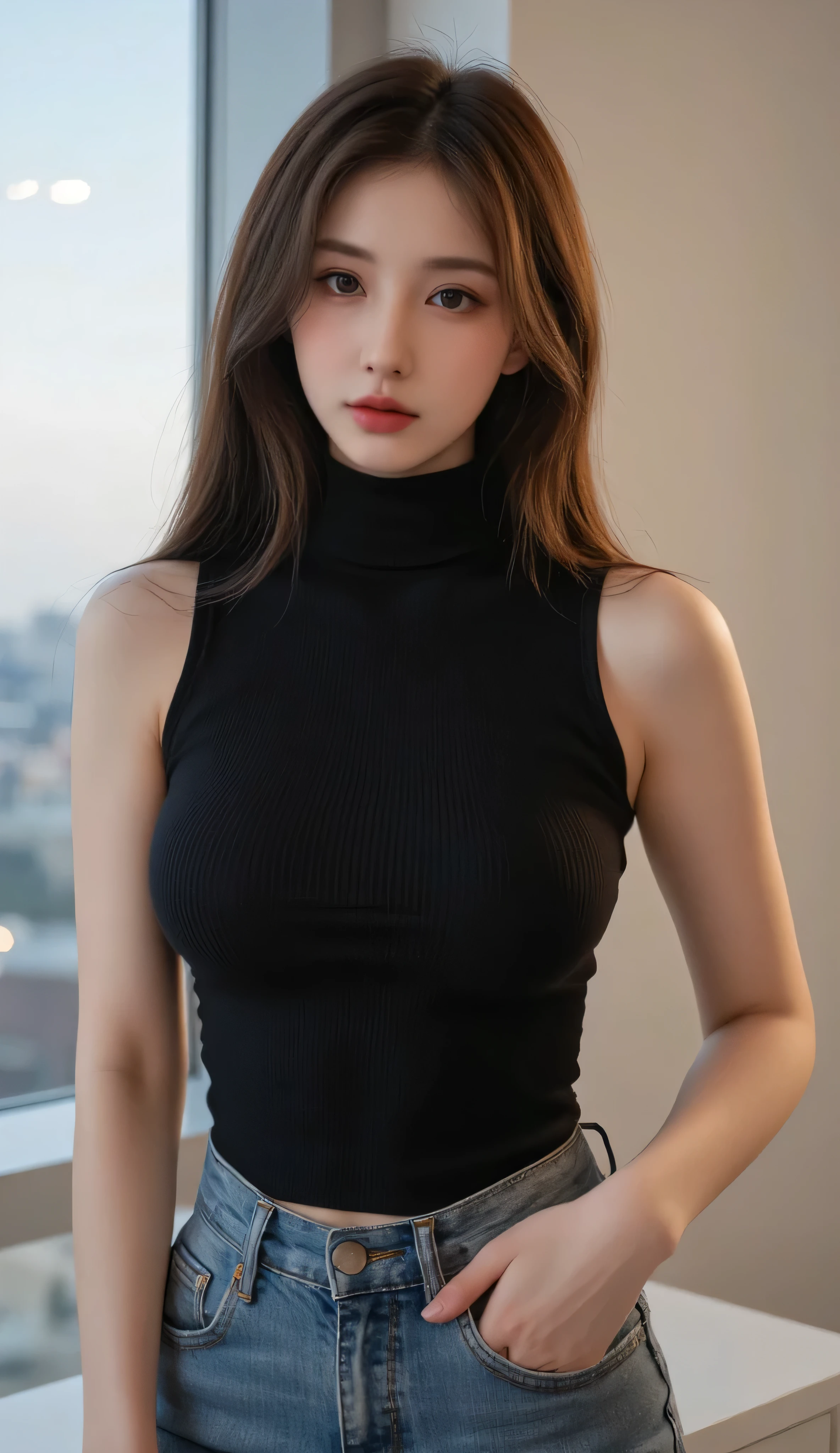 （best qualtiy，4K，tmasterpiece：1.3），Pretty women，1girll，Raised sexy：1.1，dark brown  hair：1.1，（Wet with rain，Wet with rain，Get wet：1.2），grey vest，（No underwear），Super detailed face，Detailed lips，A detailed eye，二重まぶた，gold-wire glasses，Bite your mouth，The appearance is provocative，Tight clothing leggings，full bodyesbian，High-gloss black silk，（pantyless），medium haired，Hands touch thighs，Tight muscles，Stand a word horse，