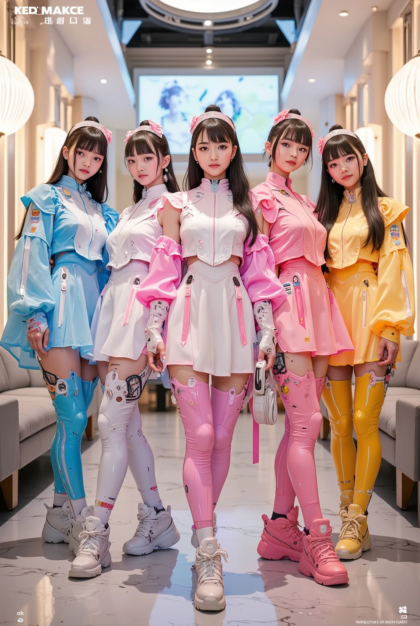 (masterpiece), (ultra high quality), (high resolution), (4K, 8K), ((realistic, photo-realistic:1.5)), (transparent watercolor texture), (ultra-fine detail), (realistic textures), (bokeh background), vivid lighting, cinematic lighting,
A group of stylish young women in unique, futuristic maid uniforms — not traditional black and white — wearing colorful, slightly sexy outfits with modern materials and bold fashion design. Each maid has a high ponytail and wears a cute, custom-designed headband. Their uniforms feature futuristic cuts, layered fabric, iridescent or tech-inspired materials — a "maid outfit I've never seen before".
Shot from a slightly low angle (cowboy shot, framing from mid-thigh to head), with the camera angle above the knees. The setting is the interior of a luxurious, futuristic maid café — with ambient light, clean modern decor, soft glowing walls, and elegant furniture. The background features shallow depth of field and strong bokeh effects to emphasize subject focus.
Do not use traditional black and white maid colors. Instead, use vivid, expressive color palettes (e.g. pastel pinks, neon blues, soft purples, warm golds). The maids pose gracefully, confidently, each with distinct personality through outfit variation.
((Composition: balanced group shot, interior scene, cinematic detail)), ((Lighting: backlit highlights, soft focus edges, atmospheric light scattering)).