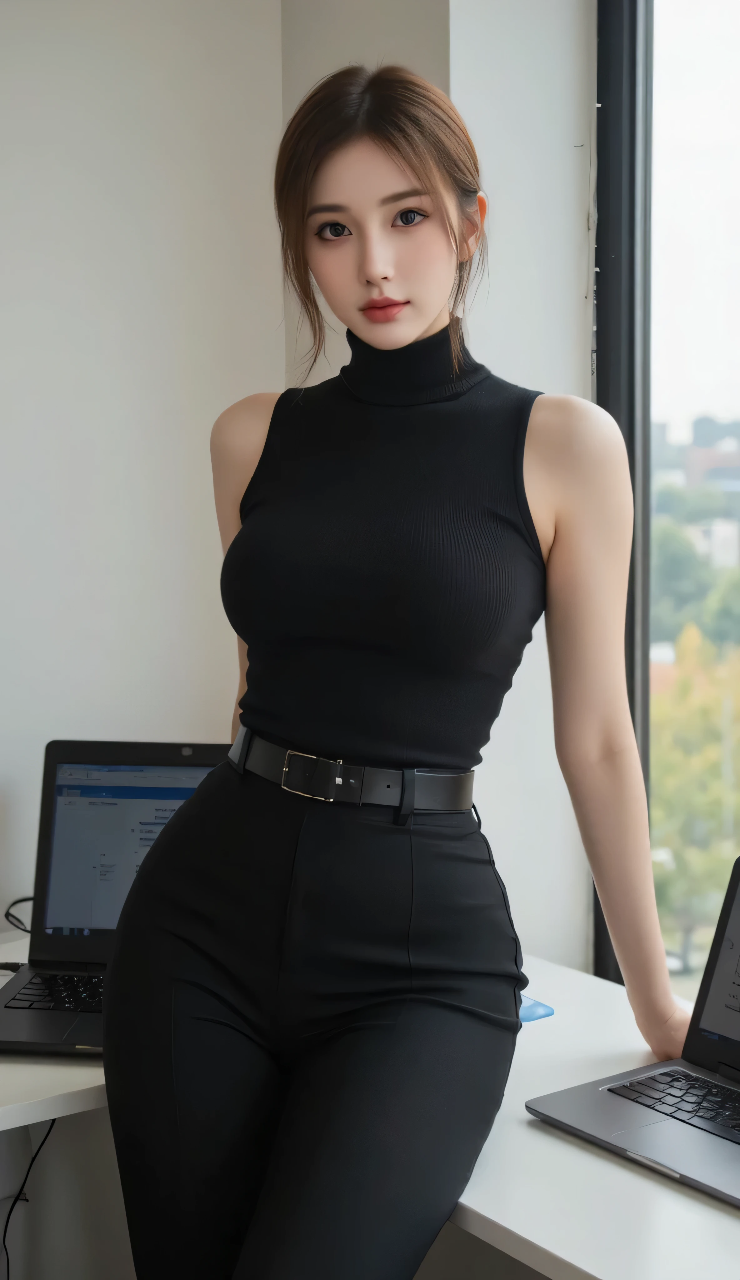 (RAW, best quality, masterpaintings:1.5), (photo realistic, intricate details:1.2), ultra highres, absurdres, 1girl, beautiful face, blue eyes, green eyes, detailed eyes, symmetric eyes, light on face, noose blood,Short Hair Hair、clk、vests、Business suit、Pencil miniskirt、white shir、Silk scarf、Black tights、[:20d, :0.8]、smil、Small dimples、sexually suggestive、middlebreasts、big breasts thin waist、slender leg，Long legs，sitting on chair in front of desk，perfect body figure，Perfect Ratios，looking looking at viewer，（office room，inside room，Ultra-detailed background：1.2），jpn，copy machine，File cabinets，Computer，monitors，shiny skins, True skin texture, natural day light, best illuminate, Background of details, detail shaded, sharp fokus, Depth of field f/2, Saturation, highcontrast, Intense light and shadow