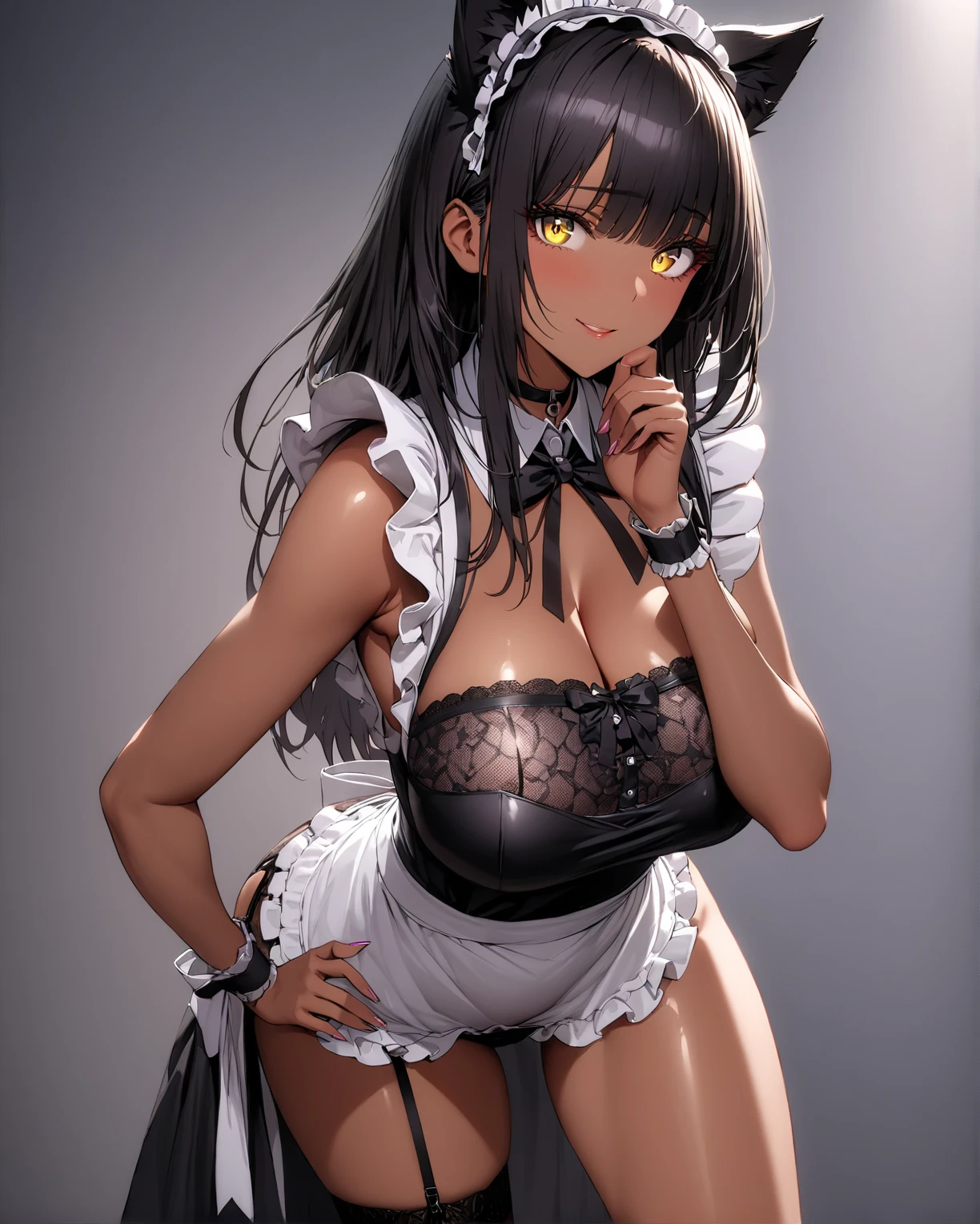 A sexy girl, french braid style hair, black hair, ((black eyes)), beautiful eyes, blush on make up, pleasure expression, long eyelashes, stockings, garter belt, big breasts, blushing, smiling, (high quality), (best quality), (full body camera shot), sexy lips, cleavage, big hips, sexy thigh, sport cars background