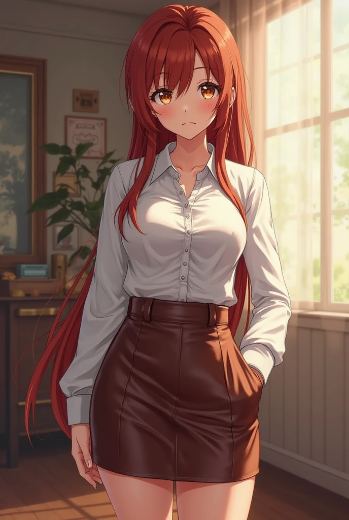 ((masterpiece, best quality, high resolution, ultra high definition, Pixel perfect, depth of field, 4K, RTX, human development report))), 1girl in, single, alone, Beauty、see whole body、 ((Long hair to waist, Short Liuhai, reddish brown hair)), ((blue eyes, beautiful eyelashes, realistic eyes)), ((Detailed face, blush:1.2)), ((smooth texture:0.75, lifelike质感:0.65, lifelike:1.1, Anime CG style)), medium breasts, Perfect body, ((Office worker suit, shirt showing shoulders, short skirt ,Black tights)), Smile, side sitting position, Look down from above、(The wind is strong and blows my hair,Expose left shoulder、Black tights) , Night view hot spring,Snowy nights
