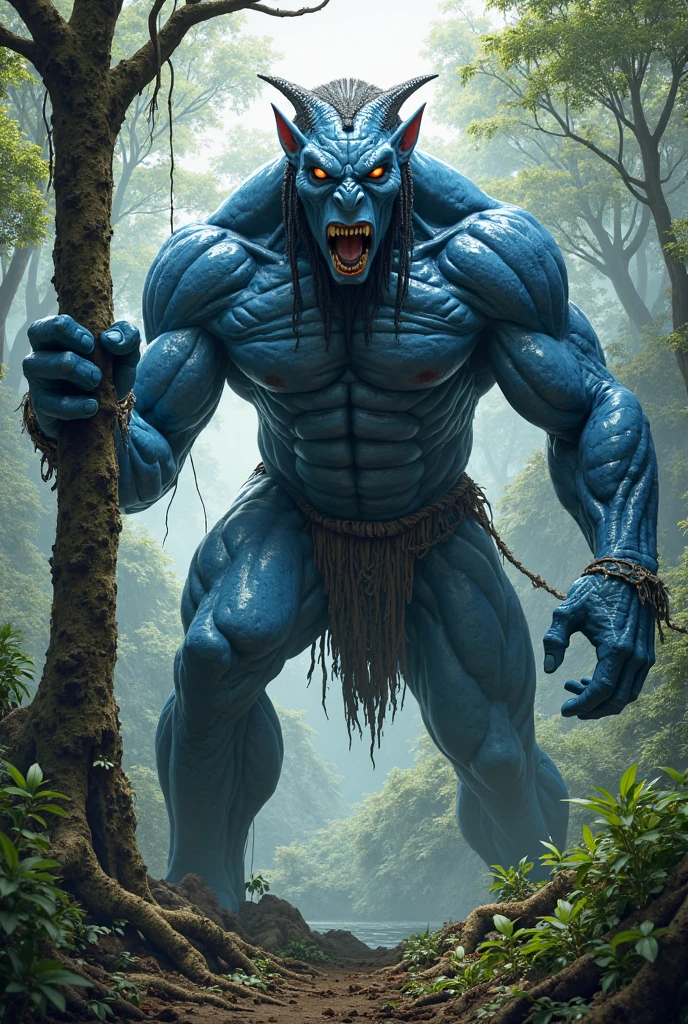 Create a realistic image of a muscular blue giant, with bright blue eyes, tattoos on the body, indigenous clothing and the background image must be a forest 



