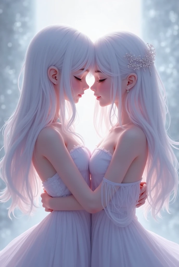 (Two-dimensional beautiful girl、colorful、most detailed 、highest quality, masterpiece, High resolution、Two women with long white hair hugging each other)、very fantastic、(sweating 1.3)、(((kiss)))、(Sweat evaporates around you)、very detailed、((Super detailed)), (Detailed CG illustration), ((very delicate and beautiful)),cinematic light、