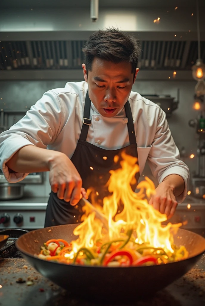 Asian guy ,Tall, A handsome, muscular man stands in the kitchen., Wear only an apron, totally naked, Revealing his bare buttocks, Hold the pan and skillfully stir-fry the ingredients.. sudden, Dancing flames rise from the pan, 32K, best quality, Masterpiece, Superb details, Highly detailed,