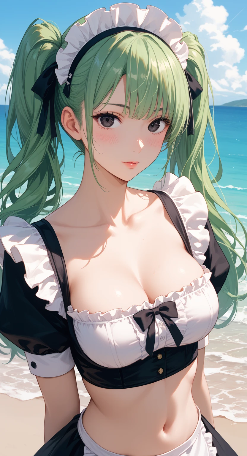 (Apron:1.2), worn over string bikini,seaside,anime girl with green hair and a ribbon in her short hair,side Braided Hair,dutch angle,tropical restaurant,holding tray with drink,close mouth