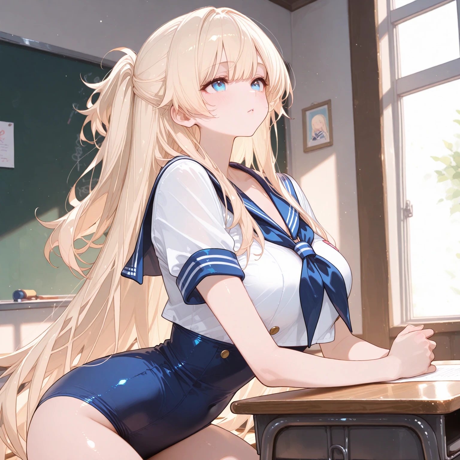 (masterpiece, highest quality:1.2), 8K, young beautiful girl, 85mm,Official AR RAW photo, baby face、big breasts、show me your ears、photo shoot, cute face, thighs, After school classroom, looking at the viewer, embarrassing、smile、no makeup, film grain, chromatic aberration, sharp focus, face light, clear lighting, Ten generations, detailed face, background bokeh、((((((14 year old high school girl))))))、thin waist、sailor suit、dark blue mini skirt、lift the skirt with one's hands、white small panties、wet、open your legs