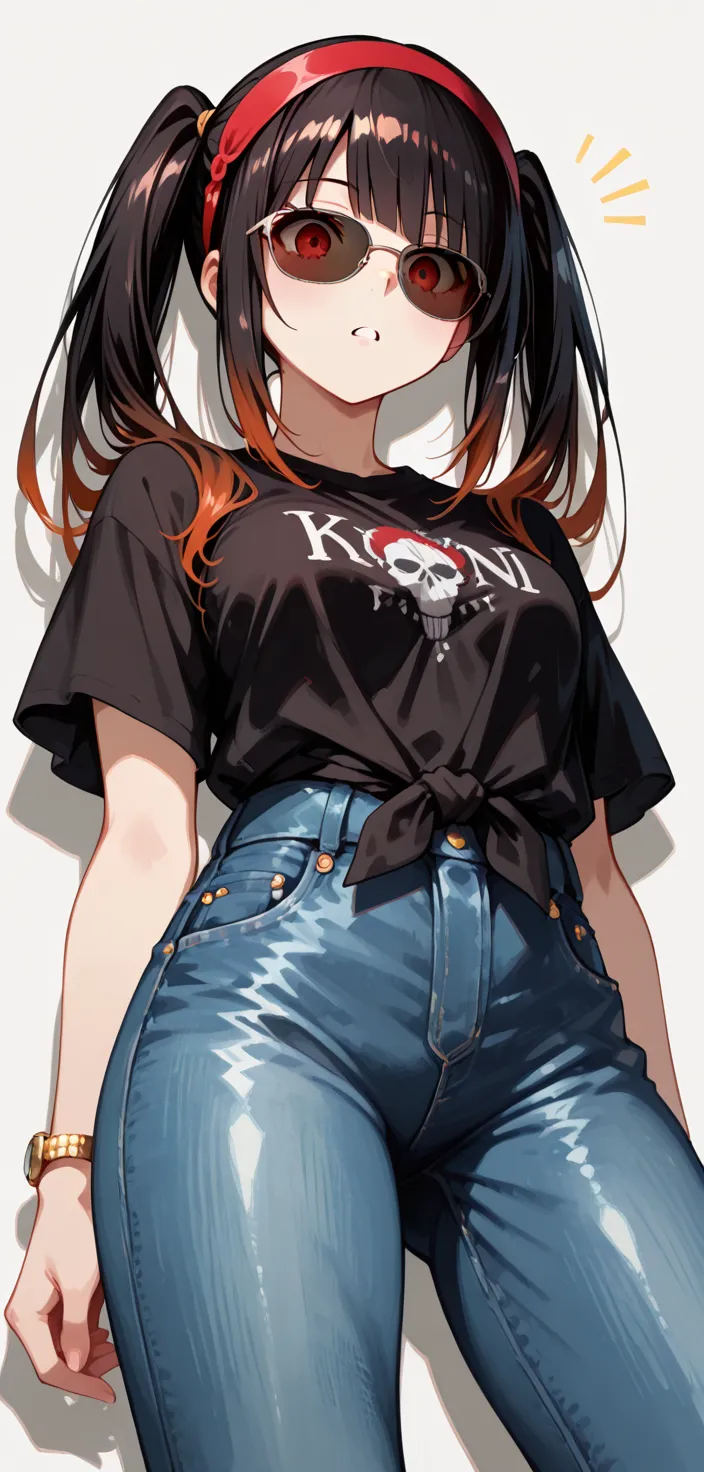 1_girl, solo, ore no imouto ga konna ni kawaii wake ga nai, 25-yers-old girl with crimson red hair- pulled up into twin ponytails, medium breasts, anime T-shirt, shorts, living room background, close up