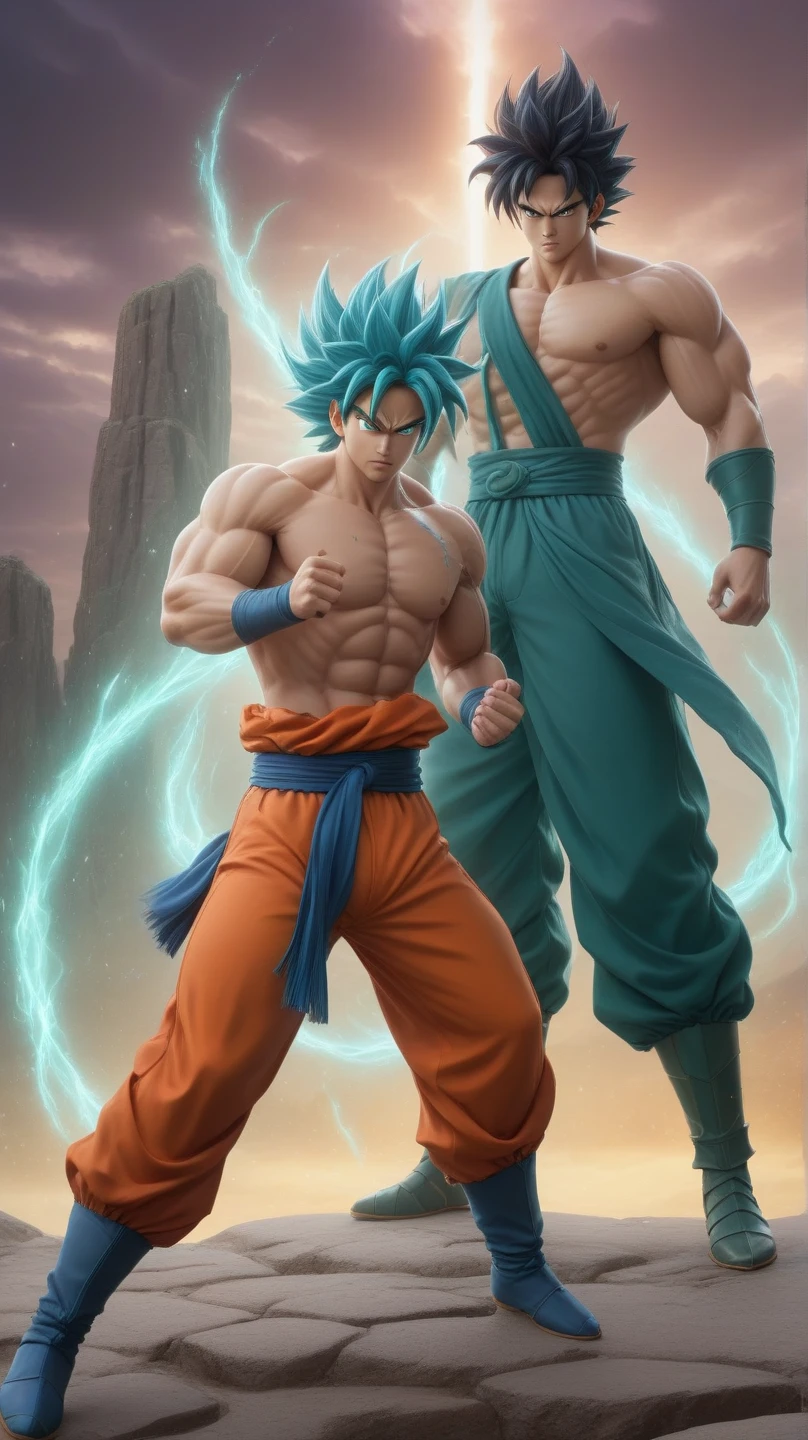 Gogeta y vegito peleando al estilo anime