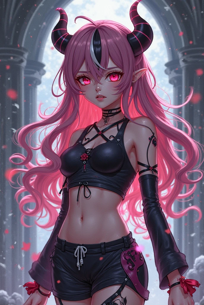 Small child Succubus,  with pink hair and black clothes, She is very cute and sexy, showing her belly and using pink smoke