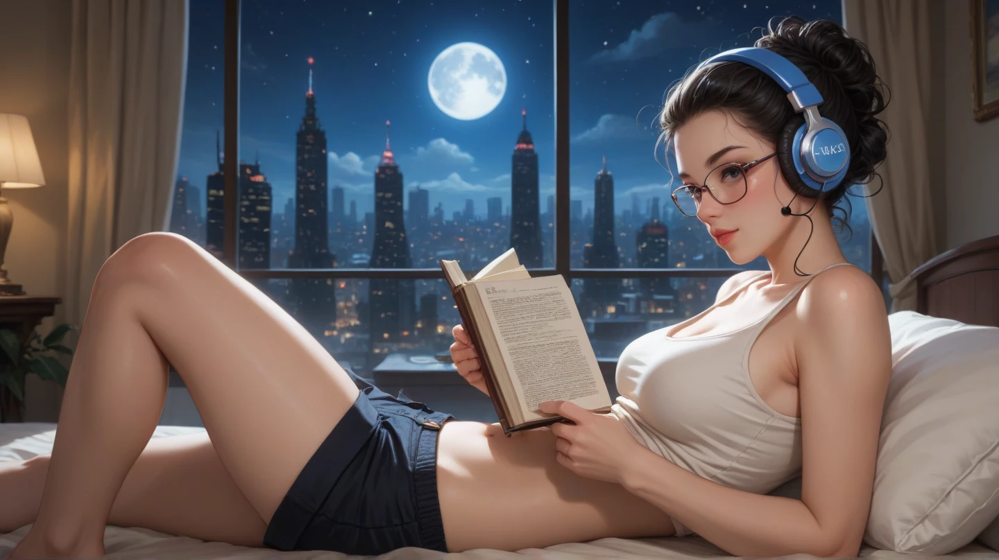 20 years old woman, Short brown hair, Méditerranéenne aux blue eye, Generous and heavy breasts, slender waist, estomac defini, fesses rebondies et pulpeuses, naturally curved, muscular thighs, aguicheuse, bedroom , blue eye, lunettes, beige lace lingerie, at night
