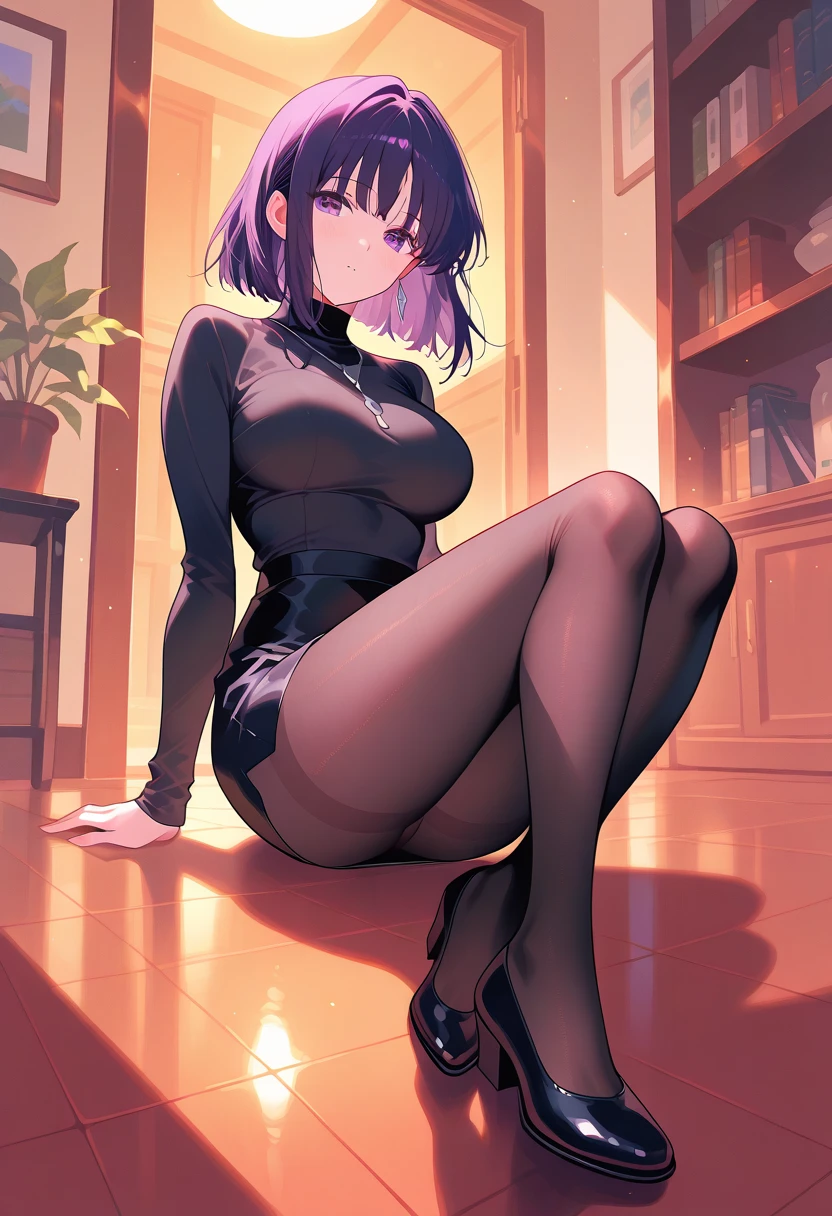 (Ultra Real), (Illustration), (High Resolution), (8K), (Very Detailed), (Best Illustration), (Beautiful Detailed Eyes), (Best Quality), (Ultra Detailed), (Masterpiece) very big breasts, Bare shoulders attractive legs, (busty), (perky) (huge ass) (bubble butt) human_feet, messy hair, black hair, (purple eyes:1.1), barefoot, bare shoulders, RaidenGenshin_NDV, 1girl, mole under eye, virgin killer sweater, short hair, black sweater, catlike puples