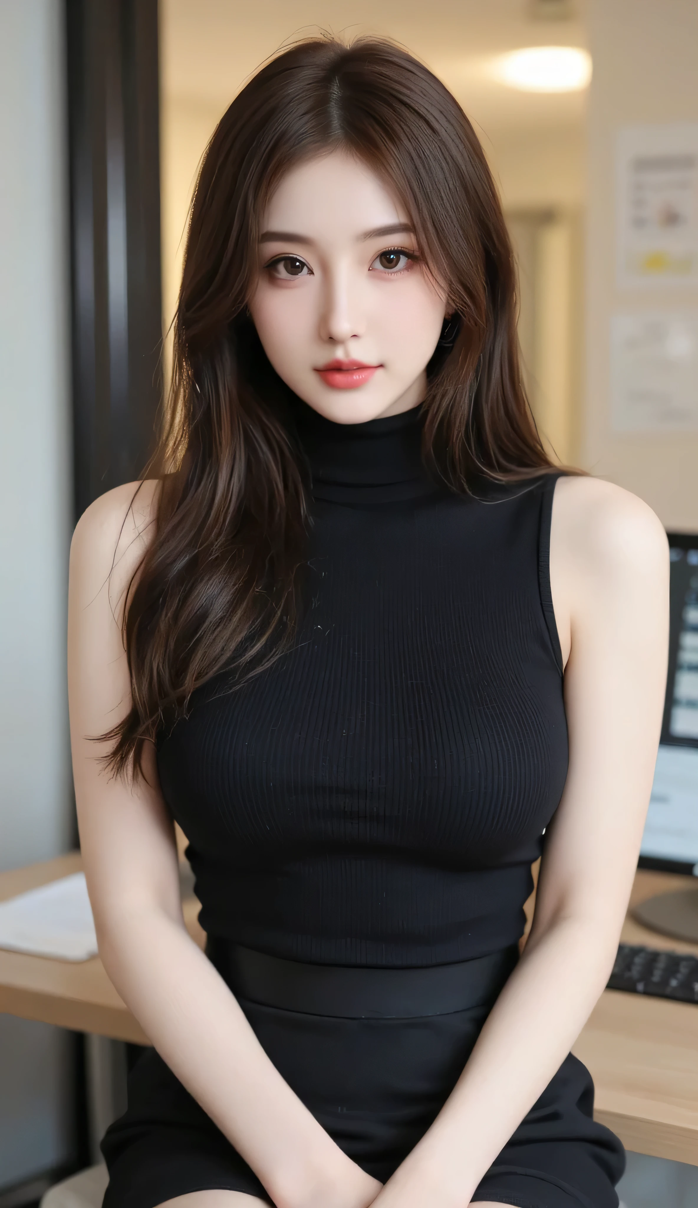 (Realistic, High resolution:1.2), 1 girl, super fine face and eyes, long hair, tight black tank top with black jacket, short jeans, sitting on coffee chair, in café, coffee on table, big breasts