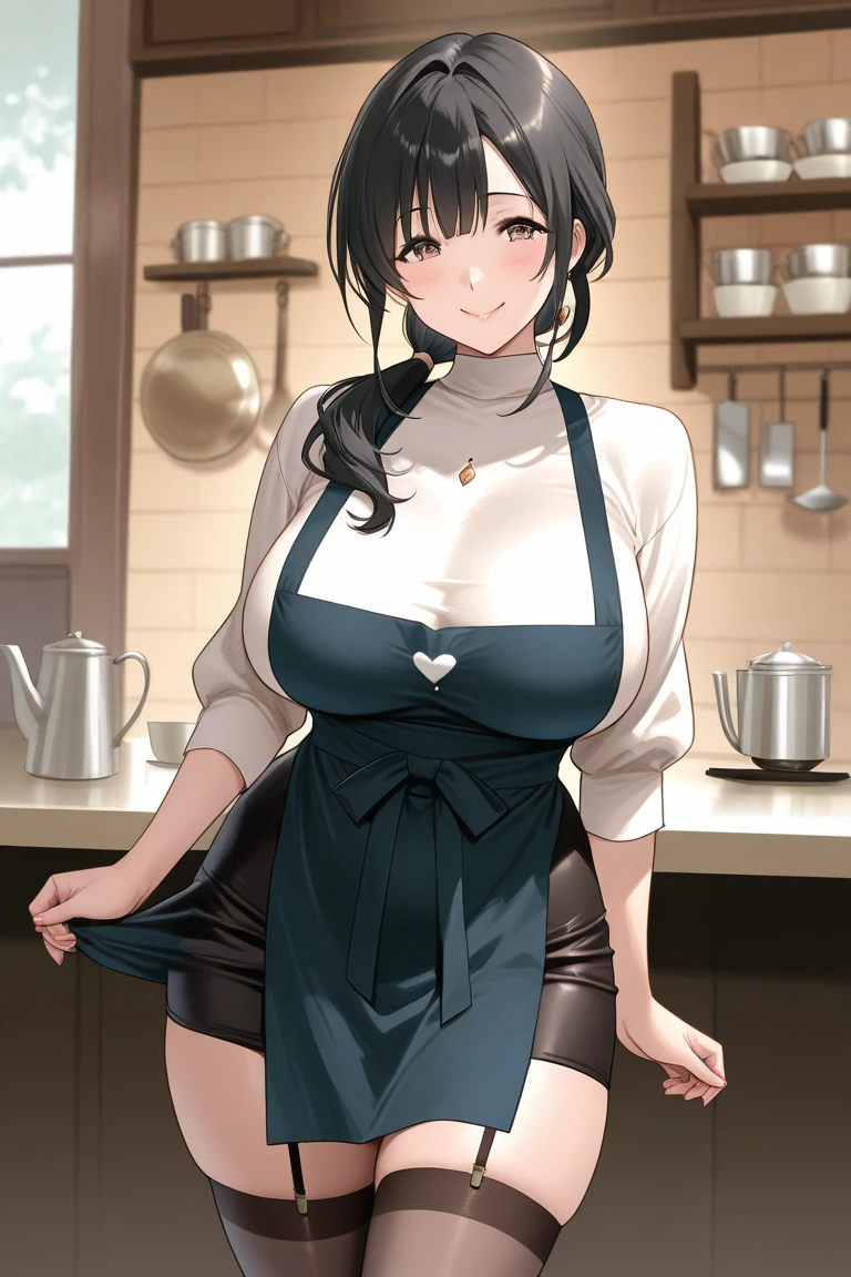 (Mature Woman:1.5), (mother:1.5), Ishtar, Fate Grand Order, (Absurd, 8k, 4K, Tabletop, Extremely detailed:1.2), highest quality, Perfect Anatomy,Perfect Face, High humidity, (alone:1.2), (Sweaty:1.3), shortness of breath, High humidity, humid, (Black Hair:1.1), Red eyes, Looking into the camera, (Very large breasts:1.5), Light clothing, apron, (kitchen;1.1), (Having a conversation:1.2), (Speech bubble:1.1), A kind smile, relief, peace of mind, mother性, Cooking, have a ladle, pot, pot-au-feu, Gentle look, nsfw