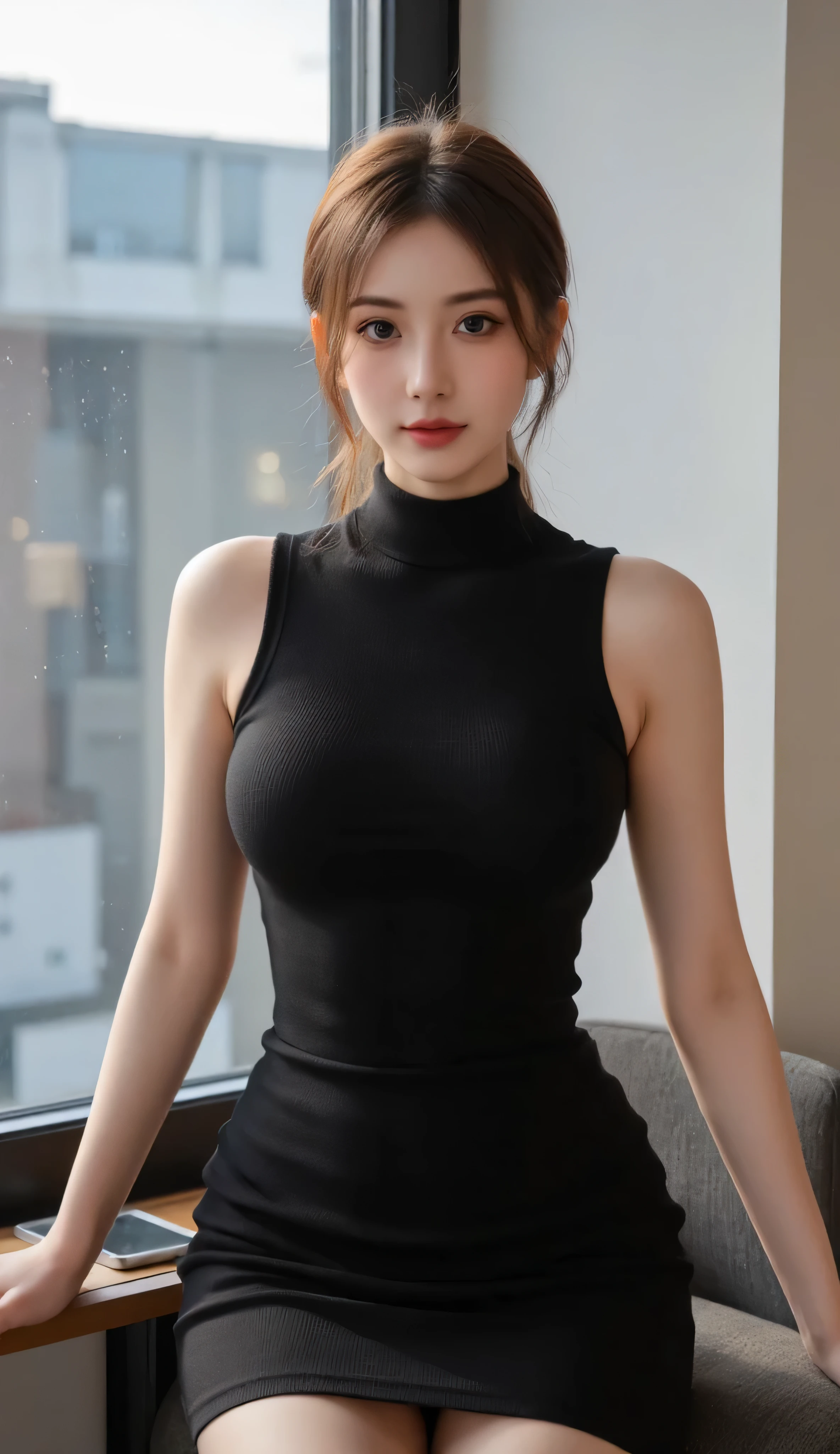 face is :9,3492120809], Naive 33-year-old wife、Wearing a knitted dress、(Wearing pantyhose,Realistic Pantyhose)、thighs thighs thighs thighs、Sitting on a chair in an open café、Height 156 cm, slightly chubby figure、Japanese Models, Short Layer Hair、japanaese girl, Neat and clean Japan woman, goddess of Japan, Innocence、Raw photo, (in 8K、top-quality、​masterpiece:1.2)、(intricate detailes:1.4)、(Photorealsitic:1.4)、octane renderings、Complex 3D rendering ultra detail, Studio Soft Light, Rim Lights, vibrant detail, super detailing, realistic skin textures, Detail Face, Beautiful detail eyes, Very detailed CG Unity 16k wallpaper, make - up, (detailedbackground:1.2),　shinny skin、Exposed thighs!!!、