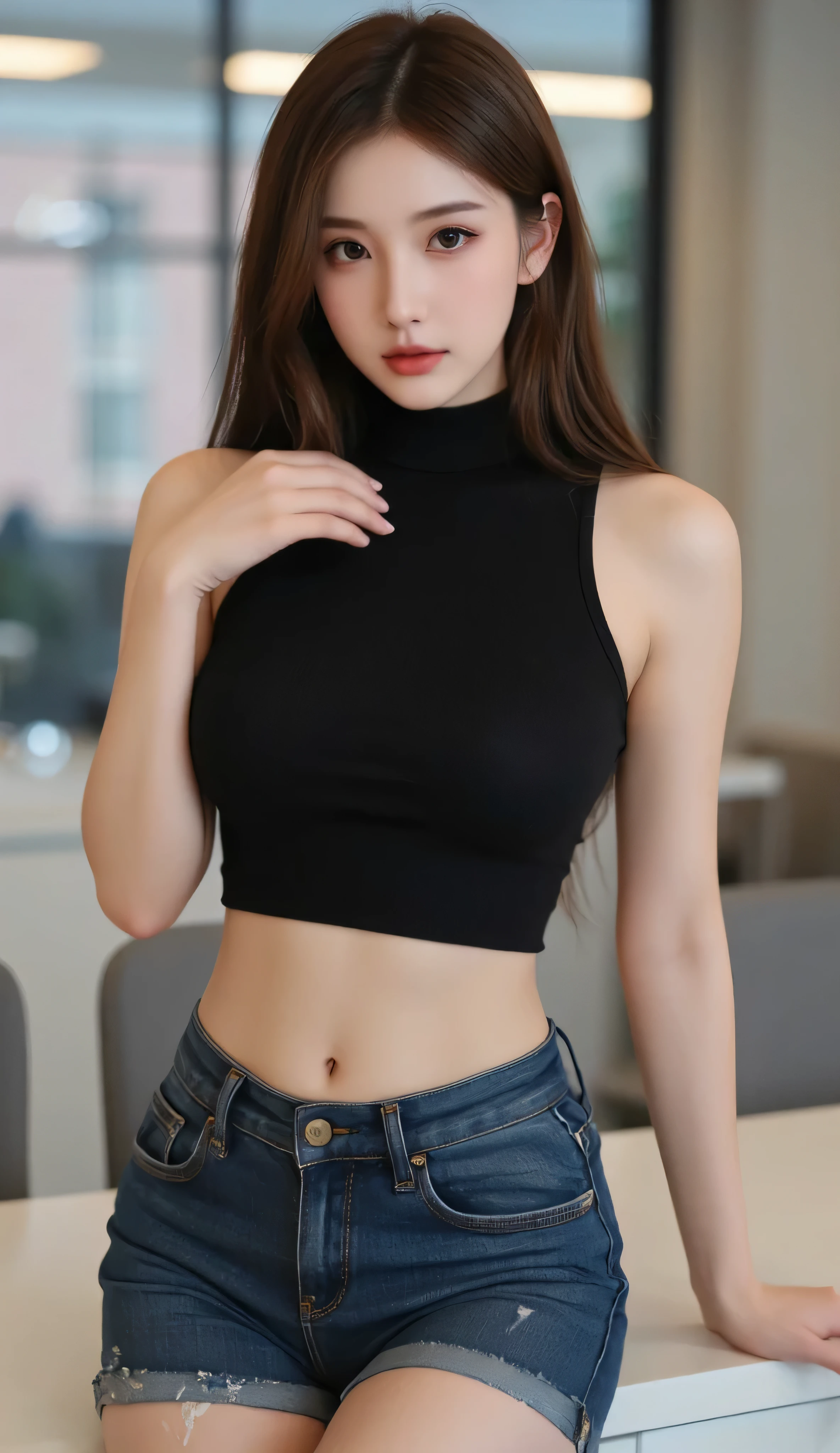 Beautiful 20-year-old brunette girl wearing a short black one-shoulder blouse and high-waisted jeans with a belt showing her navel