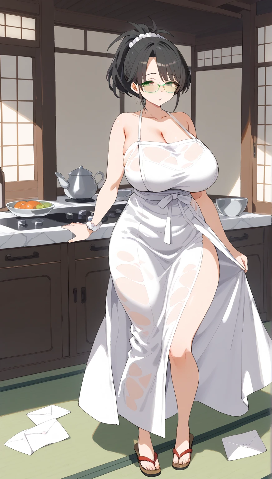 (POV from the side), (Best quality: 1.5), (masterpiece: 1.5), (2.5D), (good definition), (detailed face), (well-drawn face), (vivid colors), (1 character ), (exaggerated proportions), (hentai), (perfect anatomy), (character in the center), (absurd), (4k wallpaper), (detailed eyes), (perfect hands), (perfect fingers), ( beautiful skin), (glowing skin), (perfect shadows), (perfect lighting), (full body), (beautiful eyes), (masterpiece), (voluptuous body), (pretty face), adult woman, seductive MILF, Mature MILF face, mature woman, blonde hair with a low and slightly disheveled ponytail, green eyes, wears glasses, wears a knit midi dress, very surprised and blushing expression, huge breasts, huge thighs, huge butt, voluptuous body, good proportions, Inside a house, she is standing entering a house, behind her there is a big, fat man with a censored and pixelated face who spanks her butt over her clothes