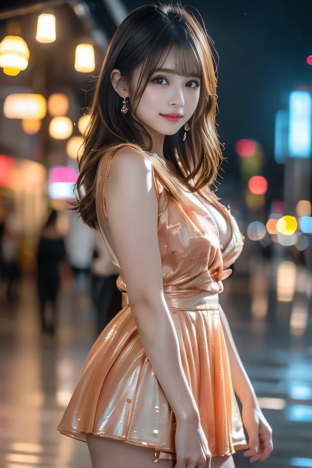 (masterpiece, Professional Lighting, 16k, 8k wallpaper, RAW Photos, Realistic:1.8, Super detailed, Natural soft lighting, Detailed skin, Detailed face, Fine grain, Texture Skin, Structure of the film, Detailed Background:1.2 ), , cute beautiful woman with perfect body: 1.4, スリムでBig Breasts: 1.2, ((Brown Hair Dark, Big Breasts: 1.2)) , (Small thin transparent lace mini dress, No underwear, Highly detailed breasts, Happy expression, Are standing: 1.2), ((Rainy city night view, balcony : 1.3. Women take center stage)), Highly Detailed face and skin texture, Fine grain, double eyelid